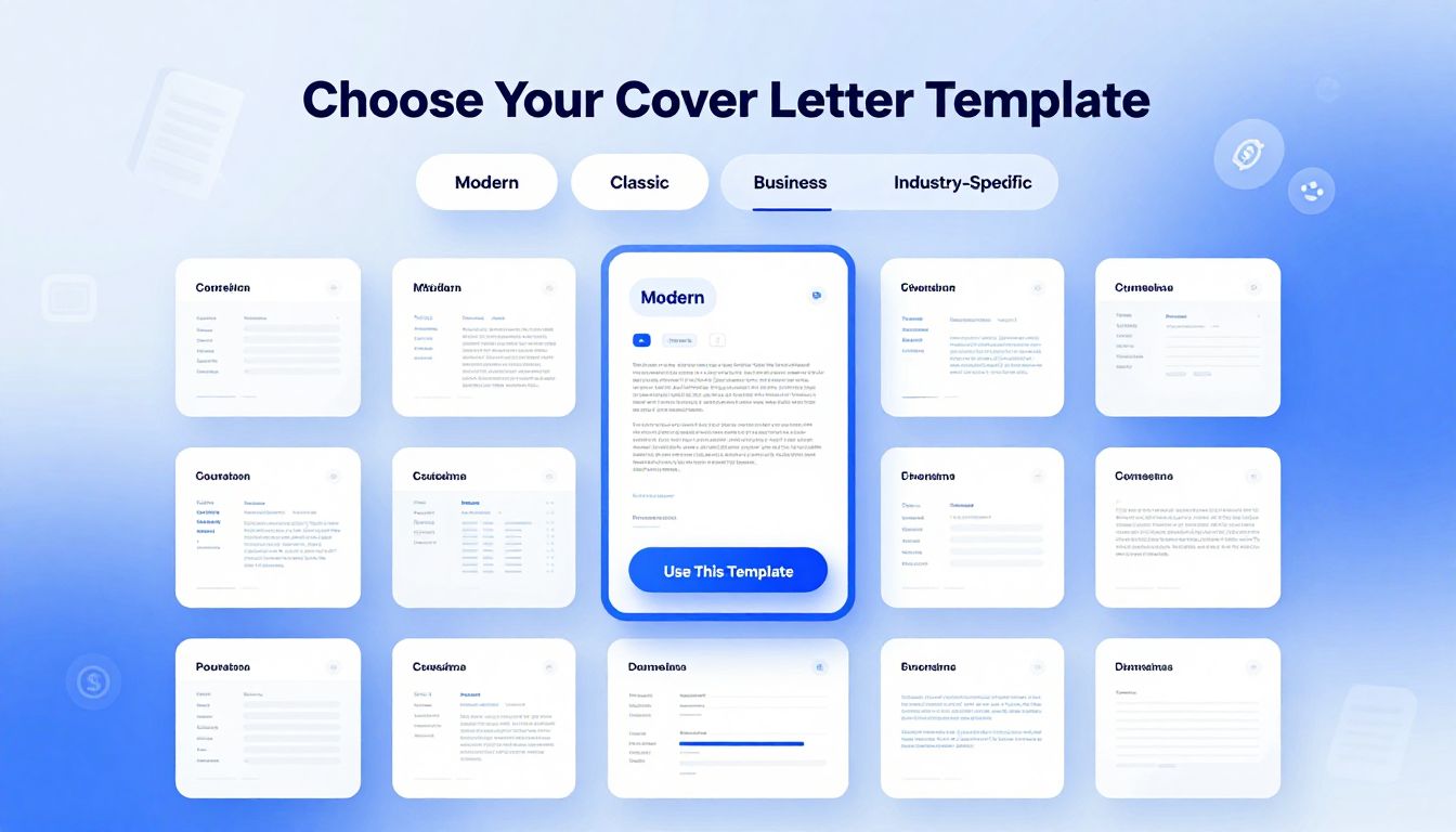 Cover letter template gallery showcasing professional, modern, creative, and executive design options